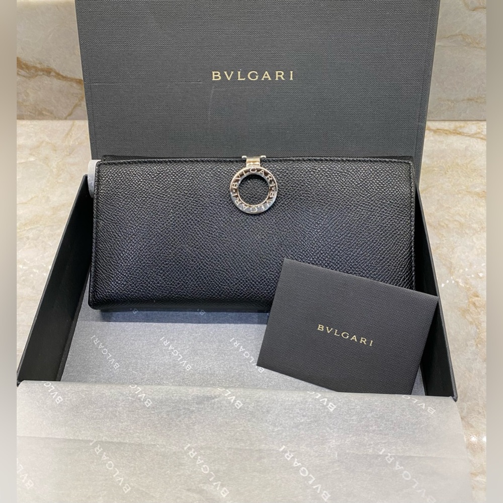 Bvlgari Clip Wallet in Black Grain Calfskin with Silver Tone Hardware